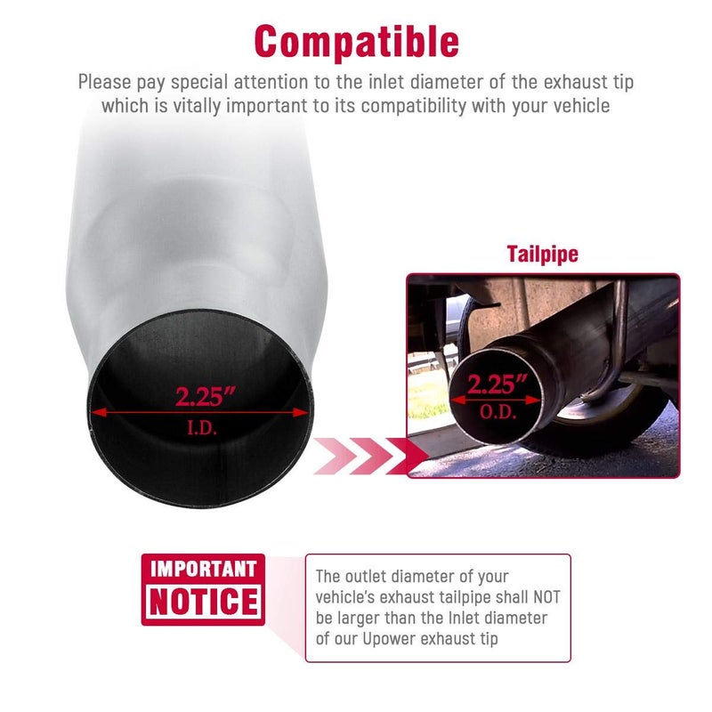 Upower 2.25" to 3" Exhaust Tips 2 1/4 inch Inlet 3 inch Outlet 8" Long Stainless Steel Exhaust Tailpipe Tips Universal for Cars Sedans and Trucks Weld-On Double Wall Thick - Image 2